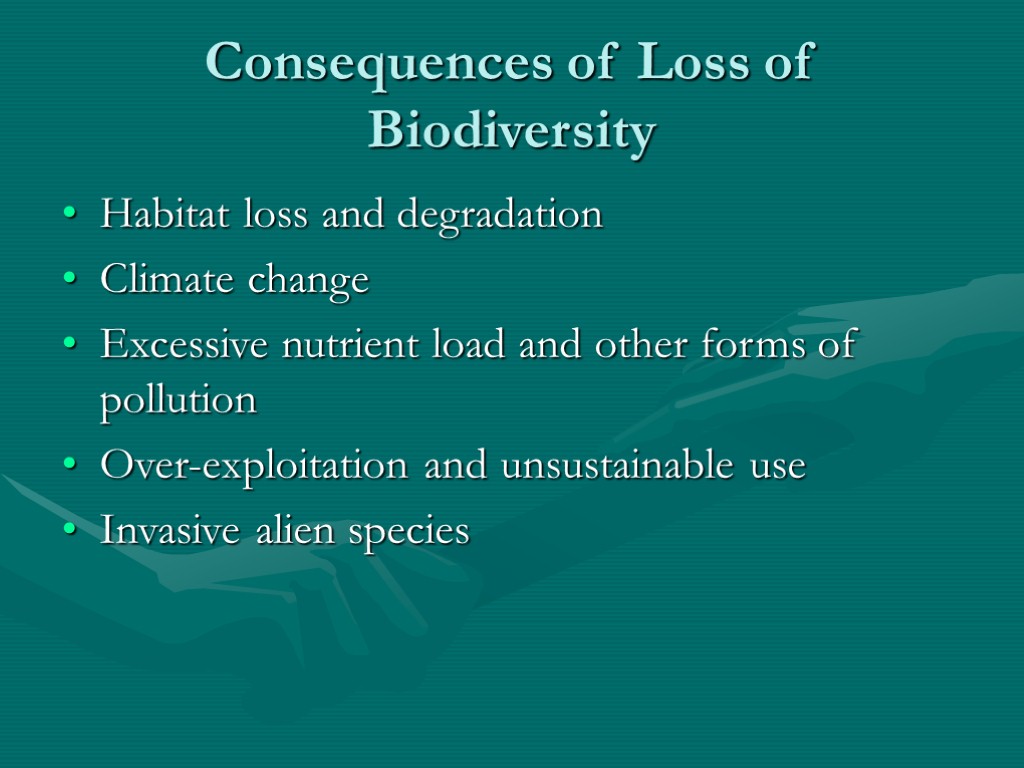 Consequences of Loss of Biodiversity Habitat loss and degradation Climate change Excessive nutrient load